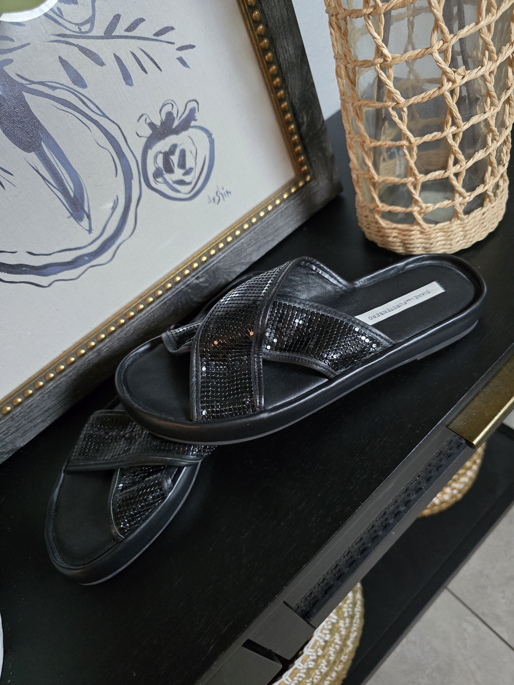 Diane Von Furstenberg Black Sequin Crisscross Slide Sandals 9